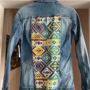 LuLaRoe Denim Jacket with Multicolor Geometric Design